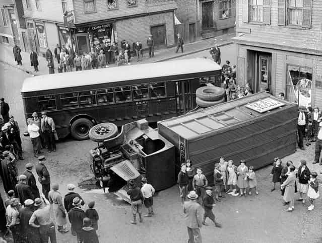 Truck and El Bus collide in South Boston, 1934. (Photo by Leslie Jones)