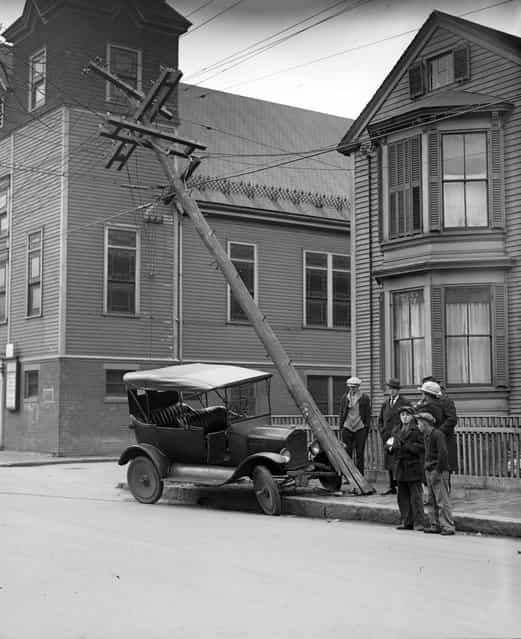 Car hits utility pole in Cambridge, circa 1927. (Photo by Leslie Jones)