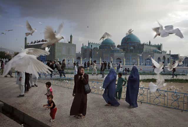 Families visit the shrine of Hazrat Ali, or the Blue Mosque, in Mazar-i-Sharif in Afghanistan on May 11, 2012. The historical mosque attracts thousands of pilgrims each year. (Photo by Kuni Takahashi/2013 Sony World Photography Awards)