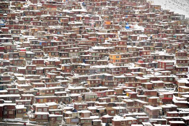 This photo taken on April 5, 2013 shows hundreds of small houses where monks and nuns live at Seda Monastery, the largest Tibetan Buddhist school in the world, with up to 40,000 monks and nuns in residence for some parts of the year. Seda, known to Tibetans as Serthar is located in Ganzi prefecture in the west of China's Sichuan province and has become a hotbed of protests and violence since the Tibetan uprisings of March 2008. More than 110 Tibetans have set themselves alight since 2009, with most dying of their injuries, in demonstrations against what they view as Chinese oppression which Beijing rejects pointing to substantial investment in Tibet and other regions with large Tibetan populations, although critics say economic development has brought an influx of ethnic Han Chinese and eroded traditional Tibetan culture. (Photo by Peter Parks/AFP Photo)