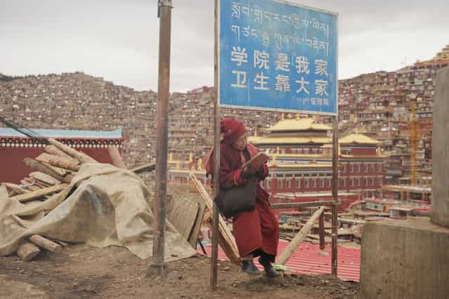 This photo taken on April 4, 2013 shows a Buddhist nun sitting reading under a sign that reads [the campus is our home, maintaining hygiene is everyone's responisbility], in Seda Monastery, the largest Tibetan Buddhist school in the world, with up to 40,000 monks and nuns in residence for some parts of the year. Seda, known to Tibetans as Serthar is located in Ganzi prefecture in the west of China's Sichuan province and has become a hotbed of protests and violence since the Tibetan uprisings of March 2008. More than 110 Tibetans have set themselves alight since 2009, with most dying of their injuries, in demonstrations against what they view as Chinese oppression which Beijing rejects pointing to substantial investment in Tibet and other regions with large Tibetan populations, although critics say economic development has brought an influx of ethnic Han Chinese and eroded traditional Tibetan culture. (Photo by Peter Parks/AFP Photo)