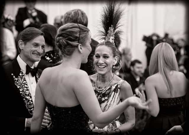 Hamish Bowles, Jennifer Lawrence, and Sarah Jessica Parker attend the Costume Institute Gala for the [Punk: Chaos to Couture] exhibition. (Photo by Andrew H. Walker)
