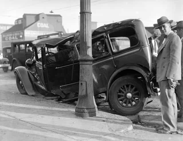 Auto wrecked, Charlestown, 1930. (Photo by Leslie Jones)