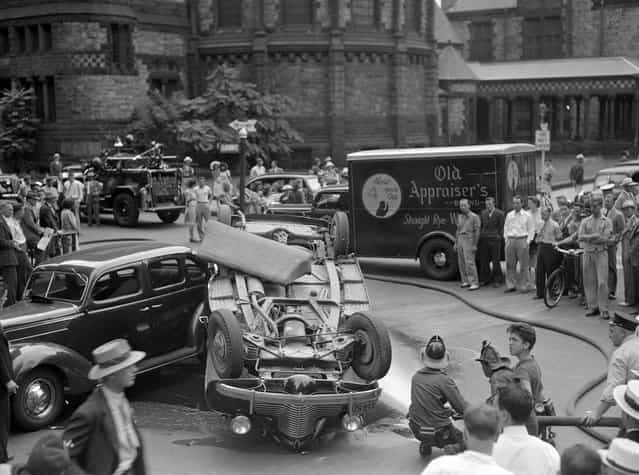 Overturned car, 1940s. (Photo by Leslie Jones)