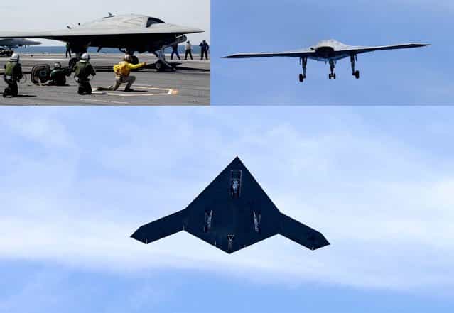 A Navy X-47B drone is launched off the nuclear powered aircraft carrier USS George H. W. Bush off the coast of Virginia. The plane isn't intended for operational use, but it will be used to help develop other unmanned, carrier-based aircraft. (Photo by Steve Helber/Associated Press)