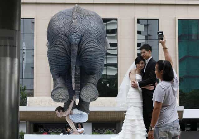A couple poses for a photo in front of a five meters high sculpture [Pentateuque] created by Contemporary French artist Fabien Merelle in Central, business district of Hong Kong, Tuesday, May 21, 2013. The artwork brings to real life the fantastical and seemingly impossible act of an average man balancing a gigantic elephant. The elephant and the man are modeled on one at the Singapore Zoo and on the artist himself. (AP Photo/Kin Cheung)