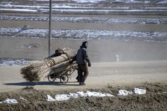 A woman walks through the North Korean countryside in February 2012, Feburary 2012. (Eric Testroete)