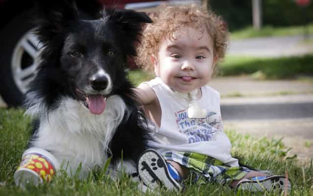 Kaiba Gionfriddo plays with Bandit, the family dog, outside his Youngstown, Ohio, home, on May 23, 2013. (Photo by Mark Stahl/AP Photo)