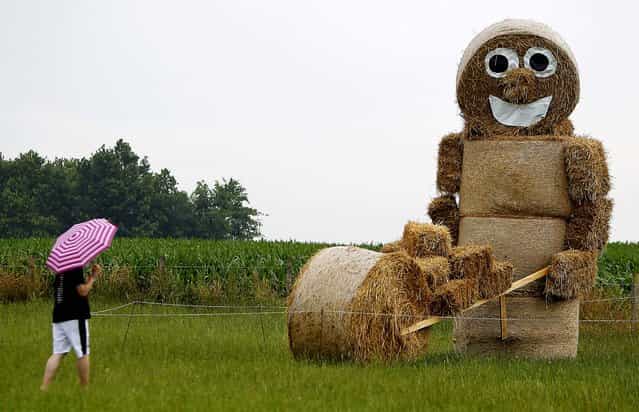 A figure made of bales of straw looms over a field in the Lueneburg Heath, lower Saxony, Germany. (Photo by Axel Heimken/APN)