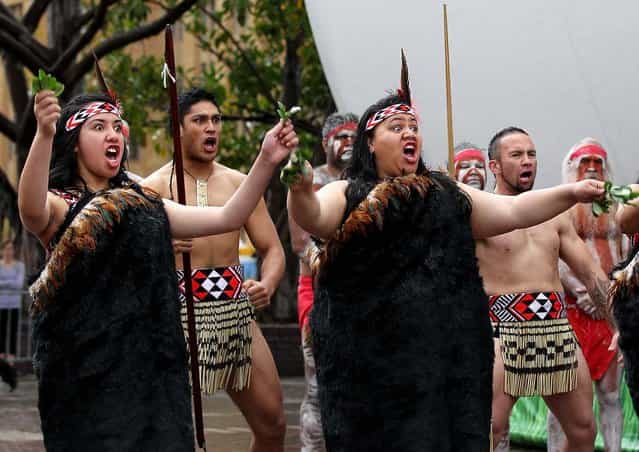 The Te Arawa cultural performance group performs during the opening ceremony for Tourism New Zealand's Giant Rugby Ball in Sydney, Australia. (Photo by Cameron Spencer/Getty Images for Tourism NZ)