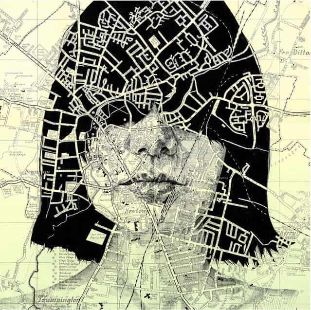 An ink drawing on a vintage street map of Cambridge. (Photo by Ed Fairburn/Rex Features)