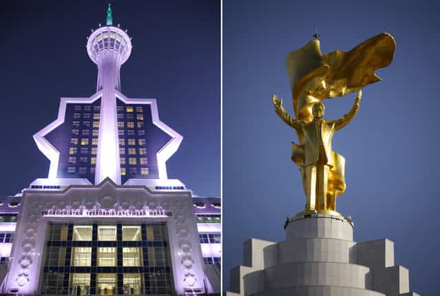 Left: Ashgabat Tele-radio Center, in the hills overlooking Ashgabat. Right: A holdover from the Soviet era, Saparmurat Niyazov had been promoted within the communist party for his deference (Moscow was worried about nationalist sentiments in the distant Central Asian republics). After the collapse of the soviet union Niyazov found himself at the helm of an independent nation and a cult of personality. Gas revenues funded a descent into an increasingly bizarre dictatorship – dogs were banned, hospitals and libraries were closed outside of the capital, and months of the year were renamed after members of his family. (Photo by Amos Chapple via The Atlantic)