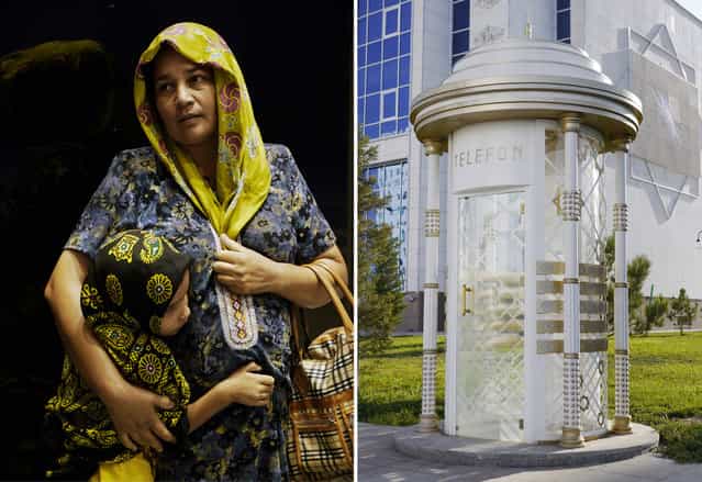 Left: A Turkmen mother and child shelter during a heavy rainstorm in the capital. Almost all women wear traditional Turkmen clothing when in public. Right: An ornate telephone booth in the city center. (Photo by Amos Chapple via The Atlantic)