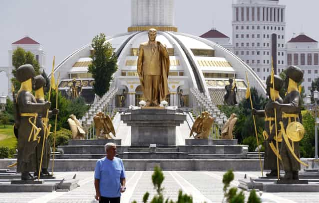 Declaring himself Leader of the Turkmen, Niyazov began what he called Turkmenistan's [Golden Age]. Subsidies on gas, water and petrol went some way to placating the population (in 2005 petrol cost 2c a liter), but as his city of white marble rose from the desert, funding for education was slashed and a third of all pensions were cut. (Photo by Amos Chapple via The Atlantic)