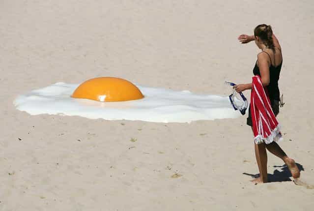 A woman approaches an artwork called [Big Chook], made of fibreglass and high gloss epoxy marine paint, on Tamarama Beach in Sydney November 2, 2005. Australian artist Jeremy Parnell says people frying themselves on the beach for a suntan inspired his piece which joins 100 artworks contributed by international and Australian artists at the annual outdoor Sculpture by the Sea exhibition which is in its ninth year. (Photo by Will Burgess/Reuters)