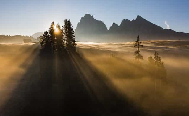 [Alpe di Siusi morning sun]. The photo was shot during a photo workshop that I was leading in the Dolomites in October 2011. We had a quite special morning with fog and a pretty blue sky. The sun was just over edge of the mountains (Sassolungo) and was shining through the fog and created rays. Location: Alpe di Siusi, Dolomites, Italy. (Photo and caption by Hans Kruse/National Geographic Traveler Photo Contest)