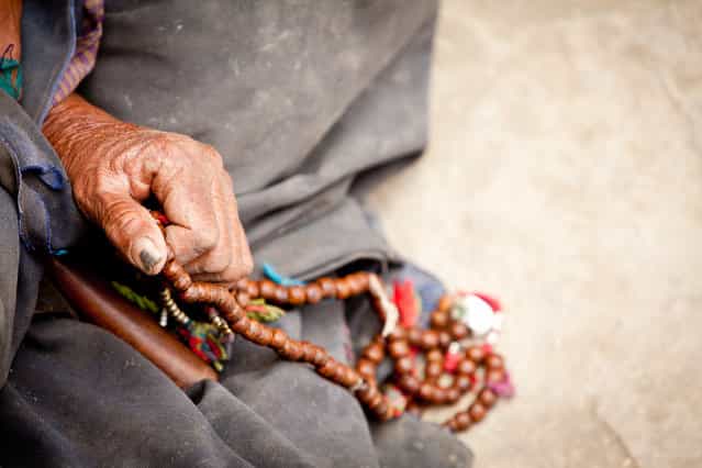 [Faith]. Weathered old hands full of history and character clutch prayer beads during an important Buddhist festival in Ladkah. These hands belong to a nomadic woman who has travelled a long way by foot with her family and her herd to attend this festival. They are known as Chang-pa herdspeople, or Tibetan plateau nomadic herdspeople. Living life off of the land is physically demanding at these altitudes. This area is thought to be the highest cultivated land in the world. Summer is short, winter is long. The Chang-pa people travel from plain to plain, allowing their animals to graze. Location: Tsomoriri Lake, Ladakh, India. (Photo and caption by Stephen Harrold/National Geographic Traveler Photo Contest)