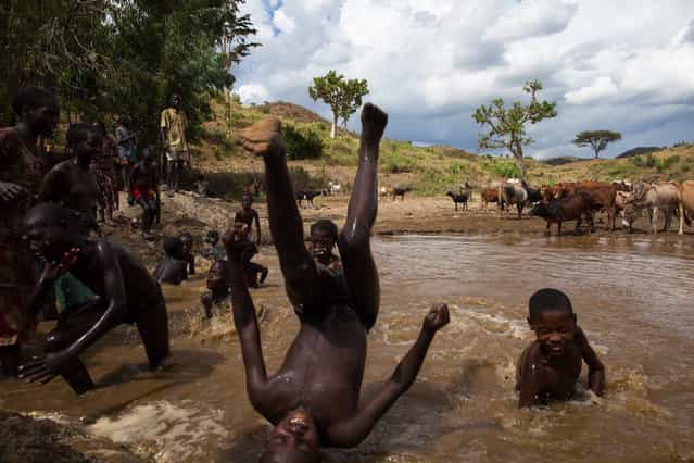 [Monsoon Rains – Children at the Pond]. After the monsoon rains, I traveled in southern Ethiopia. While visiting the Lower Omo Valley tribes, I spent some time with these lovely children. This is the local version of leisure at the [swimming pool]. The harsh environment, and the fact that the children share the same pond with cows and donkeys does not prevent them from enjoying the short wet season, which will soon turn into mud, dust and drought. (Photo and caption by Alexander Shahaf/National Geographic Traveler Photo Contest)