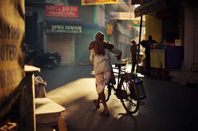 [Fresh milk seller]. It's early morning, beautiful sunlight shining into a narrow street of Udaipur. A local Rajasthani man using his bike to carry fresh milk to sell on the street. Location: Udaipur, Rajasthan, India. (Photo and caption by Xuesong Liao/National Geographic Traveler Photo Contest)