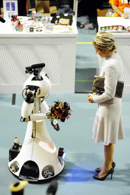 Her majesty Máxima, Queen of the Netherlands, receives flowers from AMIGO, the Eindhoven Tech United servicerobot from RoboCup@Home, at RoboCup 2013 in Eindhoven (NL). (Photo by Bart van Overbeeke)