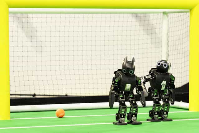 Final match Soccer Humanoid Kid Size between DARwIn vs. AUTMan at the World Championship finals of RoboCup 2013 in Eindhoven (NL). (Photo by Bart van Overbeeke)