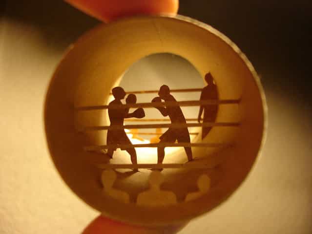 Toilet paper roll art of a boxing match. (Photo by Anastassia Elias/Caters News)