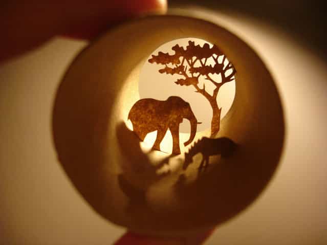 Toilet paper roll art of African wildlife. (Photo by Anastassia Elias/Caters News)