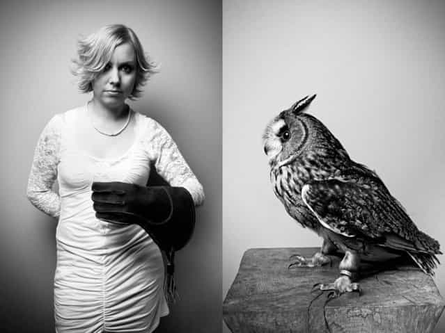 Pet owner Inga with 1-year-old long-eared owl, [Waldemar]. (Photo by Tobias Lang)