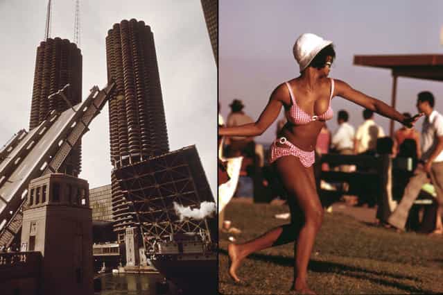 Left: Wabash Street Bridge over the Chicago River, October 1973. Right: A swimsuit-clad woman enjoys a summer outing at Chicago's 12th Street Beach on Lake Michigan, August 1973. (Photo by John H. White/NARA via The Atlantic)