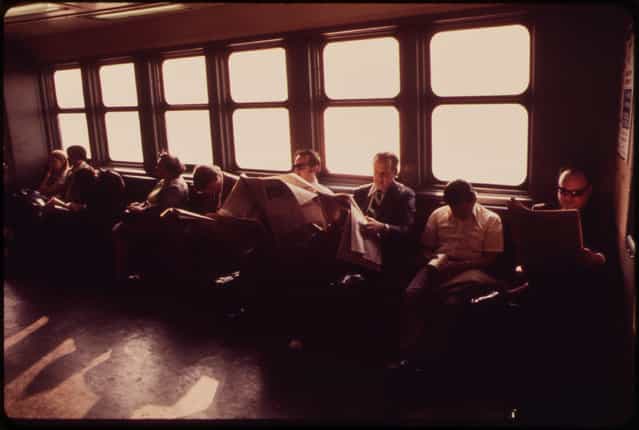 Commuters on the Staten Island Ferry in New York Harbor's Upper Bay, in May of 1973. (Photo by Wil Blanche/NARA via The Atlantic)