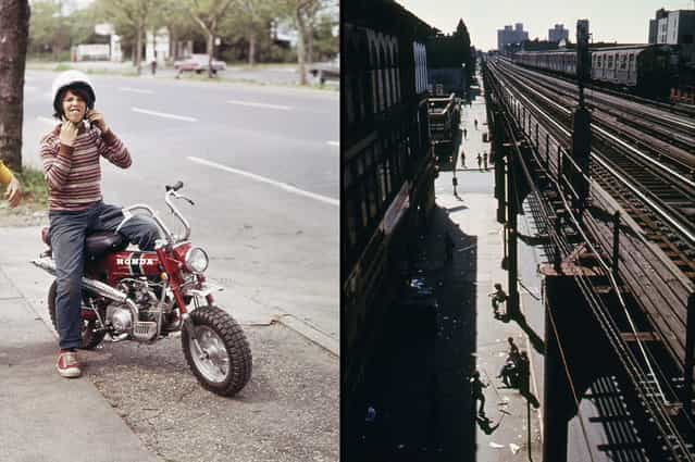 Left: A young New Yorker ready to roar off on his Honda, in June of 1973. Right: Brooklyn's Bushwick Avenue seen from an elevated train platform in New York City, June 1974. (Photo by Arthur Tress/Danny Lyon/NARA via The Atlantic)
