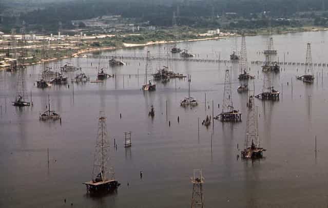 Off-shore oil wells in Galveston Bay, June 1972. (Photo by Blair Pittman/NARA via The Atlantic)