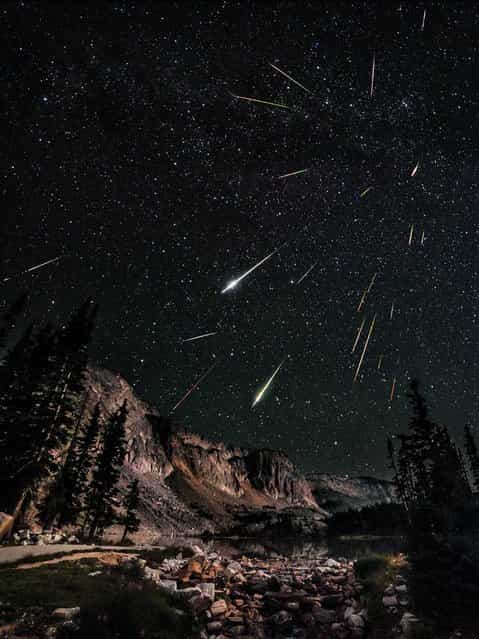 Photographer David Kingham created this composite image from 23 photos on August 12, 2012. He writes, [Last night I went out to Snowy Range in Wyoming in search of dark skies for the Perseid meteor shower. I wanted something special for the foreground and I knew the Snowies faced in the perfect direction to get this shot. I started shooting at 10pm and didn't stop until 5 am, I had to change my battery every 2 hours which made for a long night. The moon rose around 1am to light up the mountain range. This is a composite of 23 images, 22 for the meteors/stars and 1 taken at sunrise for the foreground which was lightly blended in. I also corrected the orientation of the meteors to account for the rotation of the earth (this took forever!)]. (Photo by David Kingham)