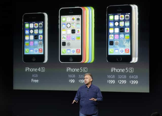 Phil Schiller, Apple's senior vice president of worldwide product marketing, speaks on stage during the introduction of the new iPhone 5c and 5s in Cupertino, Calif., Tuesday, September 10, 2013. (Photo by Marcio Jose Sanchez/AP Photo)