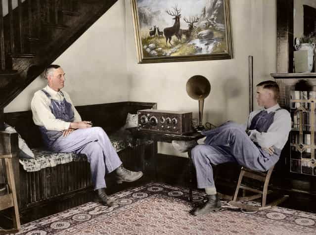 Farmer and his son listening in the evenings, Shawnee county, Kansas, September 23 or 24, 1924.