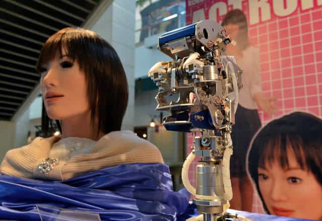 Kokoro displays the company's humanoid robot called [Actroid] (left) and its internal workings (center) at Sanrio's headquarters in Tokyo, on February 7, 2013. (Photo by Yoshikazu Tsuno/AFP Photo)
