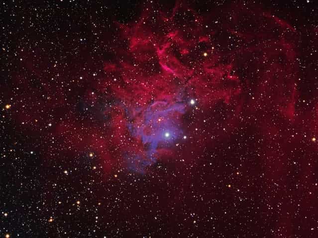 IC405 also known as the Flaming Star Nebula, SH 2-229, is an emission/reflection nebula in the constellation Auriga, surrounding the bluish star AE Aurigae. It shines at magnitude +6.0. Its celestial coordinates are RA 05, 16.2 Dec +34° 28′. It surrounds the irregular variable star AE Aurigae and is located near the emission nebula IC 410. The nebula measures approximately 37.0′ x 19.0′, and lies about 1,500 light-years from Earth. The nebula is about 5 light-years across. (Bill Snyder)