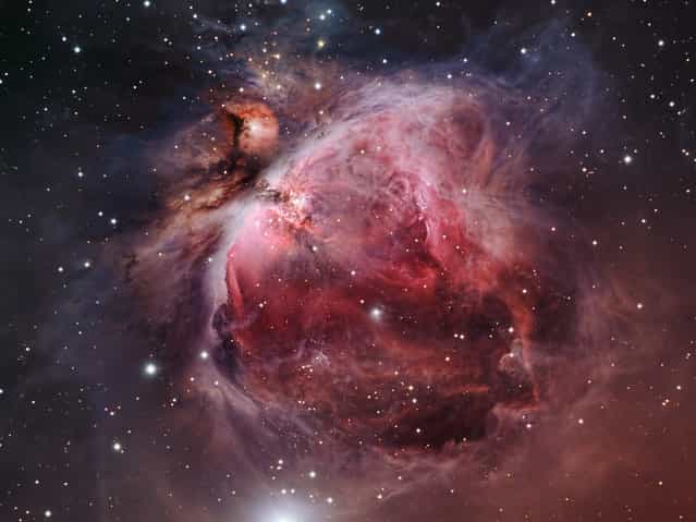 M42 is an emission and reflection nebula in the constellation Orion it is approxmiatly 1350 lights years from Earth. It is about 25light years accross. The Orion Nebula is an example of a stellar nursery where new stars are being born. The Nebula is part of a much larger nebula that is known as the Orion Molecular Cloud Complex. The nebula is visible with the naked eye, even from areas affected by some ligh pollution. It is seen as the middle [star] in the sword of Orion, which are the three stars located south of Orion’s Belt. (Bill Snyder)