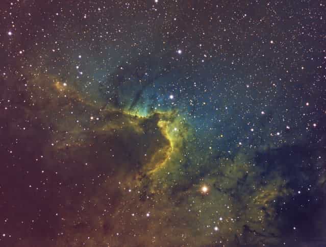 The Cave Nebula Sh2-155 or Caldwell 9, is in the constellation Cepheus. It is approxmiatly 2400 light years away, and 35 light years across. It is a dim, and diffuse bright nebula, within a larger nebula complex containing reflection, emmison, and dark nebulosity. (Bill Snyder)