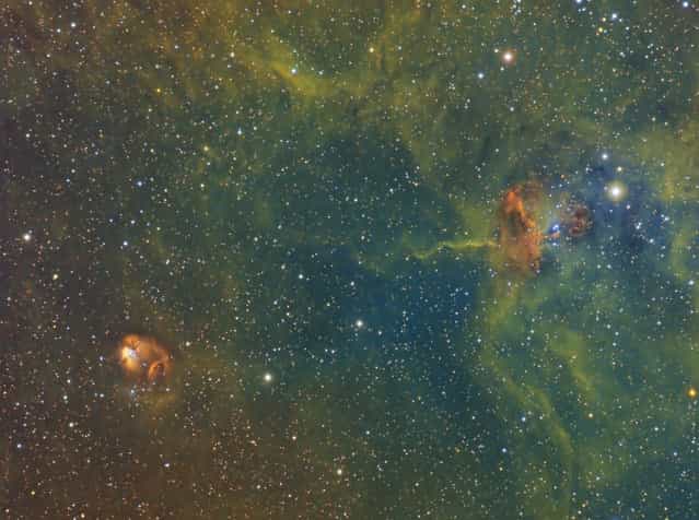 IC417 and NGC1931 are in the constellation Auriga aproxmatily 10,000 light years from earth. They are both young star clusters still embeded in glowing hydrogen gas and dust. The apparent diameter of NGC1931 is 3 arcminutes the apparent diameter of IC417 is 13 arcminutes. These are both emission and reflection nebulas. (Bill Snyder)