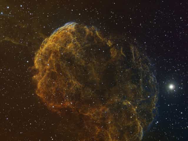 IC443 the Jellyfish Nebula, also known as Sharpless 248 is in the constellation Gemini. It is a supernova remnant that could have occurred 3000 to 30,000 years ago. It’s approximately 5ooo light years from earth. IC443 is about 70 light years across. (Bill Snyder)