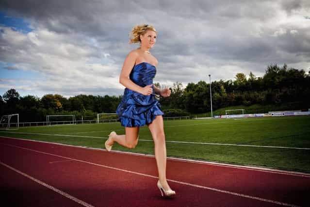 Julia Plecher from Germany who has made it into the Guinness Book of World Records for running the fastest 100 meters in high heals traveling the distance in just 14.531 seconds. (Photo by PA Wire)