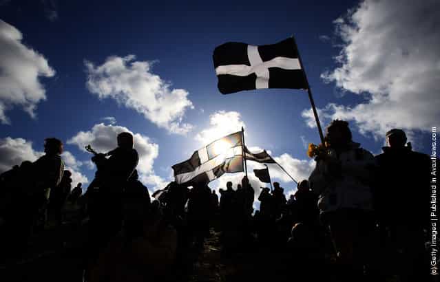 Crowds gather to watch the annual processional play to celebrate St. Piran, patron saint of tinners and regarded by many as Cornwalls premier saint
