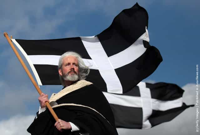 ocal actor Colin Retallick plays the role of St Piran during the annual processional play to celebrate St Piran, patron saint of tinners and regarded by many as Cornwalls premier saint