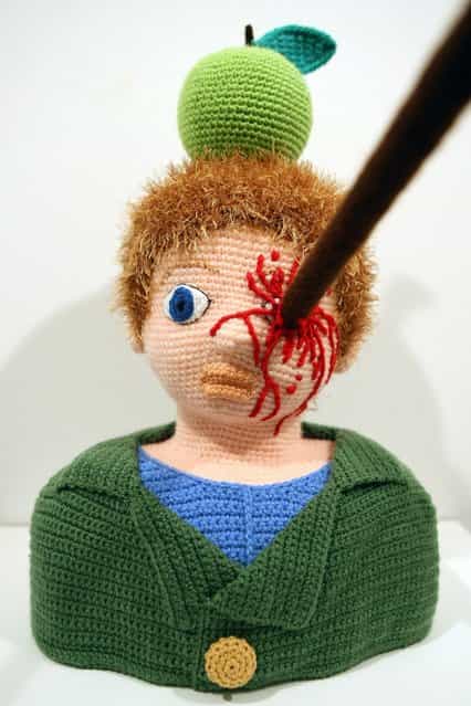 The knitted sculpture William Tell by Patricia Waller sits in the Broken Heroes exhibition at the Deschler Gallery