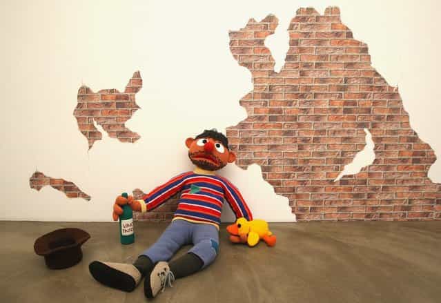 The knitted sculpture Ernie by Patricia Waller, featuring the childrens television program star as a desperate alcoholic, sits in the Broken Heroes exhibition at the Deschler Gallery