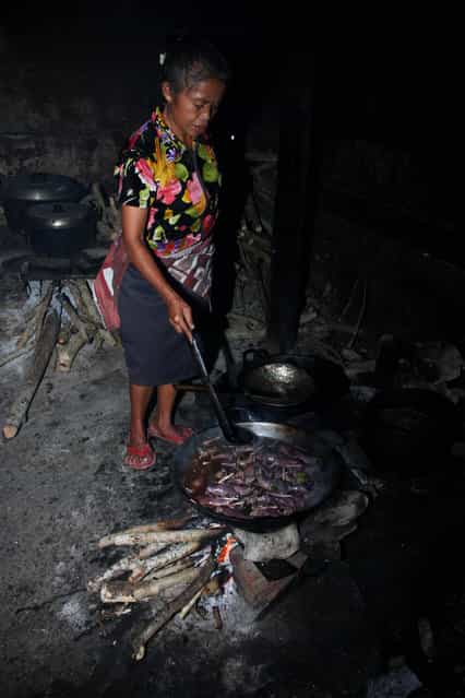 A woman cooks bats on July 30, 2009 in Yogyakarta, Indonesia. Sukarwati and her family have hunted bats in the Imogiri region for generations, capturing more than 800 bats per month. The Sukarwati family believe that the meat from the bat heals asthma and respiratory problems and it is a great honour for them knowing that the meat that they provide will help ease people's health ailments. (Photo by Ulet Ifansasti)
