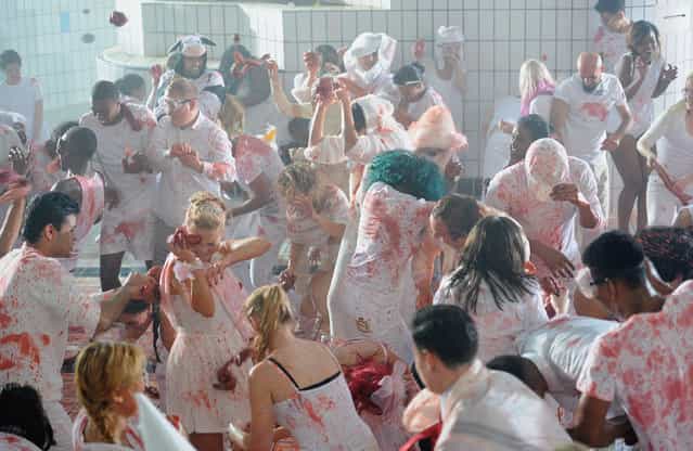 To mark Halloween, 150 teens descended upon a swimming pool in Essex to help mobile network giffgaff recreate the famous Tomatina tomato fight... only this time, with blood and guts. Different takes #giffgaffguts. On October 18, 2013 in Dagenham, England. (Photo by Dave J. Hogan/Getty Images for giffgaff) To mark Halloween, 150 teens descended upon a swimming pool in Essex to help mobile network giffgaff recreate the famous Tomatina tomato fight... only this time, with blood and guts. Different takes #giffgaffguts. On October 18, 2013 in Dagenham, England. (Photo by Dave J. Hogan/Getty Images for giffgaff)