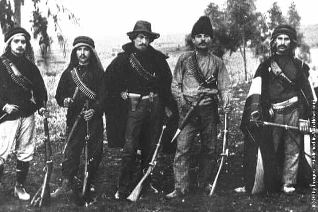Members of Hashomer, a Jewish security organization dedicated to protecting pioneering Zionist settlements, pose with their rifles October 1, 1907 in the Upper Galilee during the Ottoman rule of Palestine in what would later become the State of Israel
