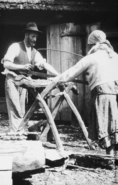 circa 1925: Jewish peasants sawing wood